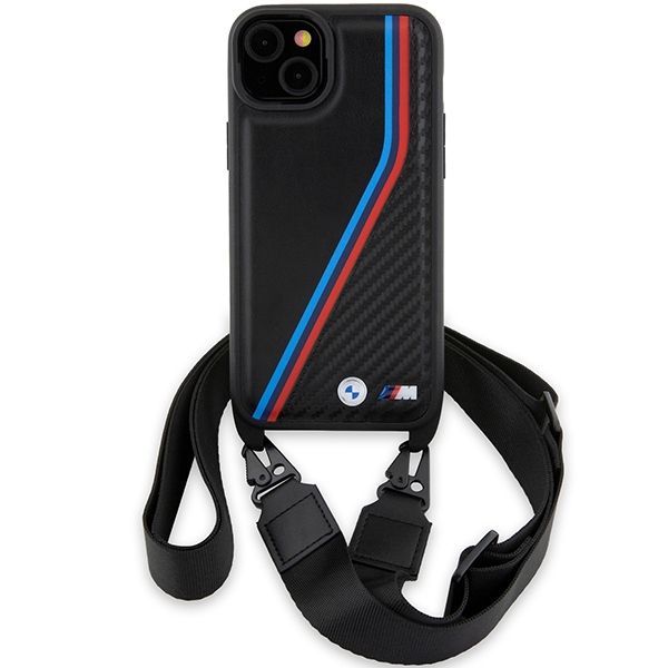 Back panel cover BMW BMW M Edition Carbon Tricolor Lines & Strap case for iPhone 15 / 14 / 13 - black