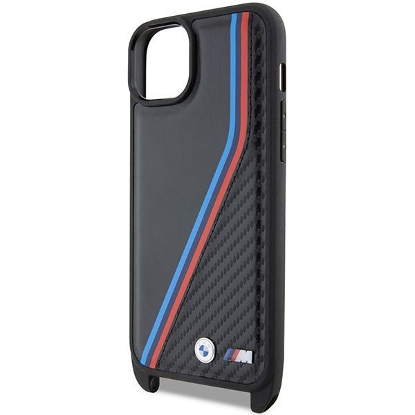 Back panel cover BMW BMW M Edition Carbon Tricolor Lines & Strap case for iPhone 15 / 14 / 13 - black