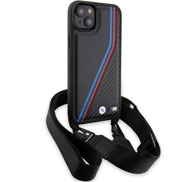 Back panel cover BMW BMW M Edition Carbon Tricolor Lines & Strap case for iPhone 15 / 14 / 13 - black