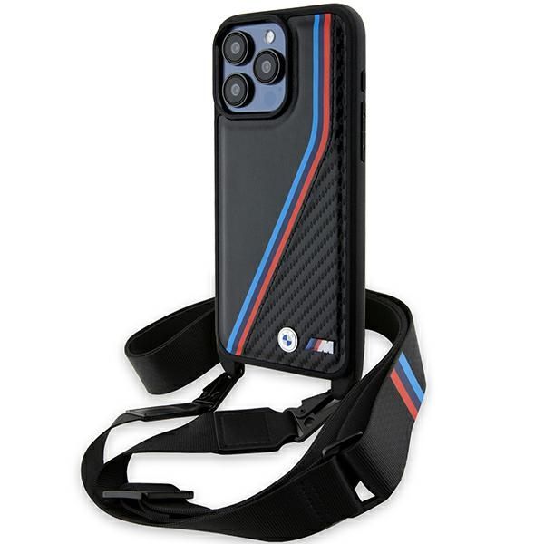 Back panel cover BMW BMW M Edition Carbon Tricolor Lines & Strap case for iPhone 15 Pro Max - black