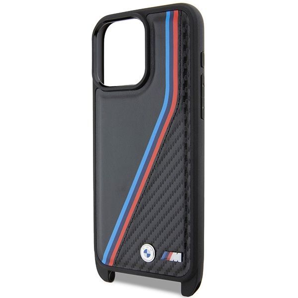 Back panel cover BMW BMW M Edition Carbon Tricolor Lines & Strap case for iPhone 15 Pro Max - black