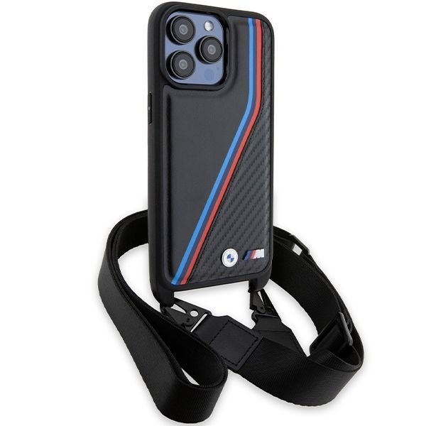 Back panel cover BMW BMW M Edition Carbon Tricolor Lines & Strap case for iPhone 15 Pro Max - black