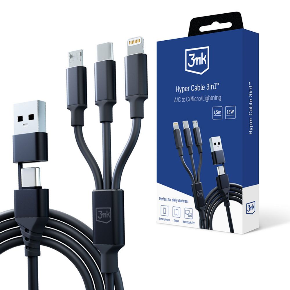 Adapteris 3MK 3mk Hyper Cable 3in1 USB-A - USB-C / USB-C - micro USB - Lightning 1.5m - black