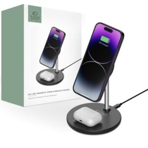 Adapteriai Tech-Protect  Tech-Protect QI15W-A21 MagSafe 15W inductive charger with 2in1 smartphone/headphone stand - black 