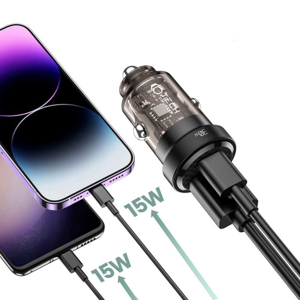 Adaptrid Tech-Protect Tech-Protect CC30W Car Charger USB-C PD 30W / USB-A QC 3.0 - Black