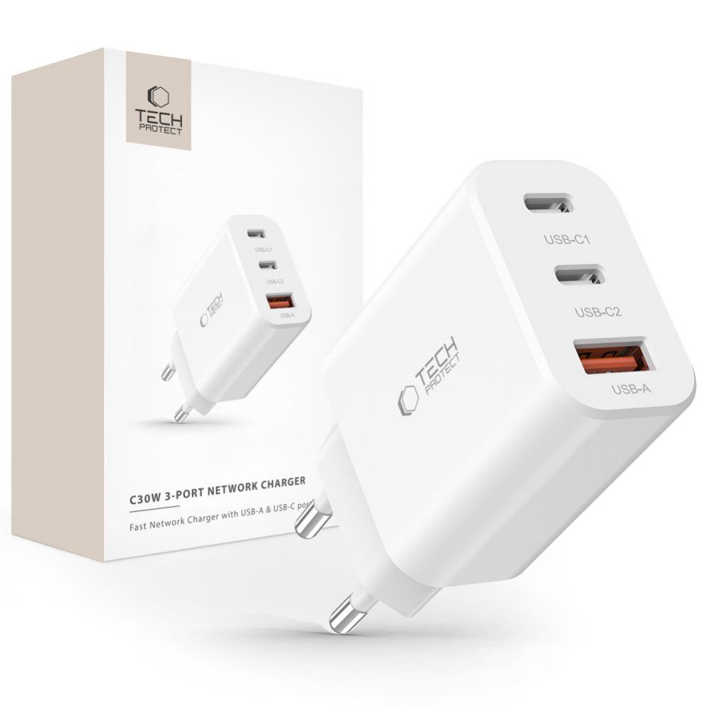 Adaptrid Tech-Protect Tech-Protect NC30W charger 2x USB-C PD 30W / USB-A QC 3.0 - white