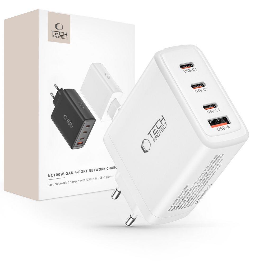 Adaptrid Tech-Protect Tech-Protect NC100W-GAN charger GaN 3x USB-C PD 100W / USB-A QC 3.0 - white