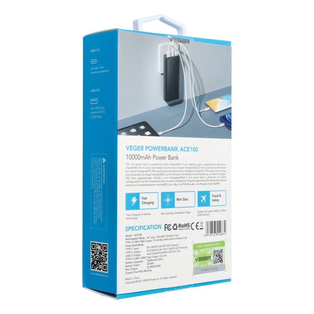 Väline aku Veger Powerbank Veger ACE100 W1146 10000mAh 20W PD QC3.0 - black