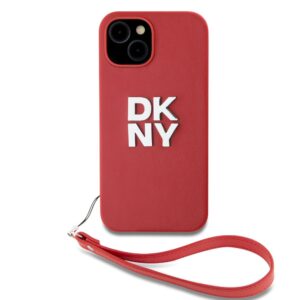 Nugarėlės dėklai DKNY Apple DKNY PU Leather Stack Logo Wrist Strap Case for iPhone 14 Red 