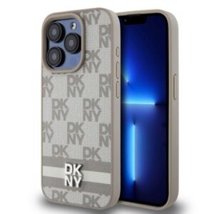 Back panel cover DKNY - DKNY PU Leather Checkered Pattern and Stripe Case for iPhone 14 Pro Max Beige 
