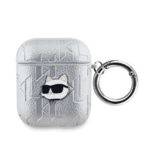 Aizmugurējais vāciņš Karl Lagerfeld - Karl Lagerfeld PU Embossed Choupette Head Case for AirPods 1/2 Silver 