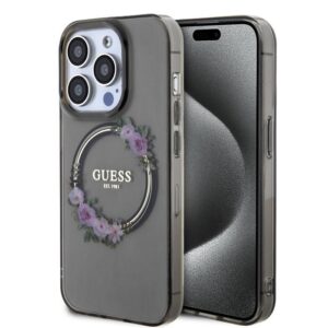 Nugarėlės dėklai Guess Apple iPhone 15 Pro PC TPU Flowers Ring Glossy Logo MagSafe Transparent Black