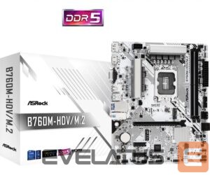 Motherboard for Intel processors Asrock  Mainboard||Intel B760 Express|LGA1700|Micro-ATX|Memory DDR5|Memory slots 2|2xPCI-Express 3.0 1x|1xPCI-Express 4.0 16x|1xM.2|1x15pin D-sub|1xHDMI|1xDisplayPort|1xAV-In|1xAV-out|1xMicrophone|2xUSB 2.0|3xUSB 3.2|1xUSB-C|1xRJ45|B760M-HDV/M.2 