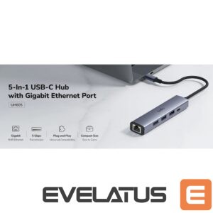 Routers Cudy  UH605 USB-C 5-in-1 Hub Gigabit LAN 3x USB-A 3.0 Power Input Aluminum Grey 