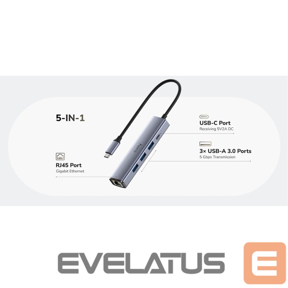 Ruuterid Cudy UH605 USB-C 5-in-1 Hub Gigabit LAN 3x USB-A 3.0 Power Input Aluminum Grey