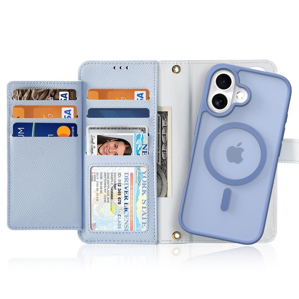 Tagakaaned Dux Ducis Dux Ducis Lawa iPhone 16 Leather Case with Detachable Magnetic Wallet - Blue