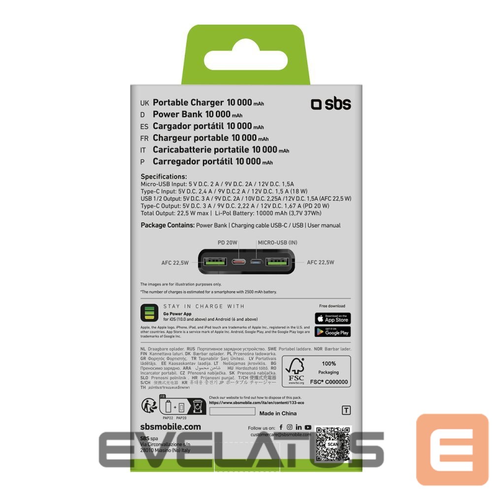 Väline aku SBS Powerbank SBS TTBB10000FASTPD20K 10000 mAh 20W with Power Delivery - black