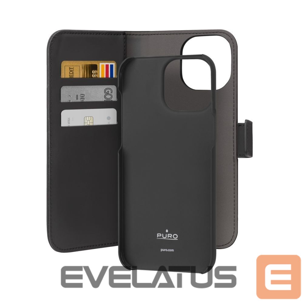 Back panel cover Puro Puro Wallet Detachable MagSafe 2in1 PU Leather Case with Flap and Wallet for iPhone 15 Pro Max - Black