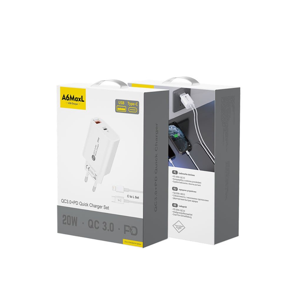 Adaptrid Hurtel A6MaxL 20W USB-A USB-C Wall Charger with 1m USB-C - Lightning Cable - White