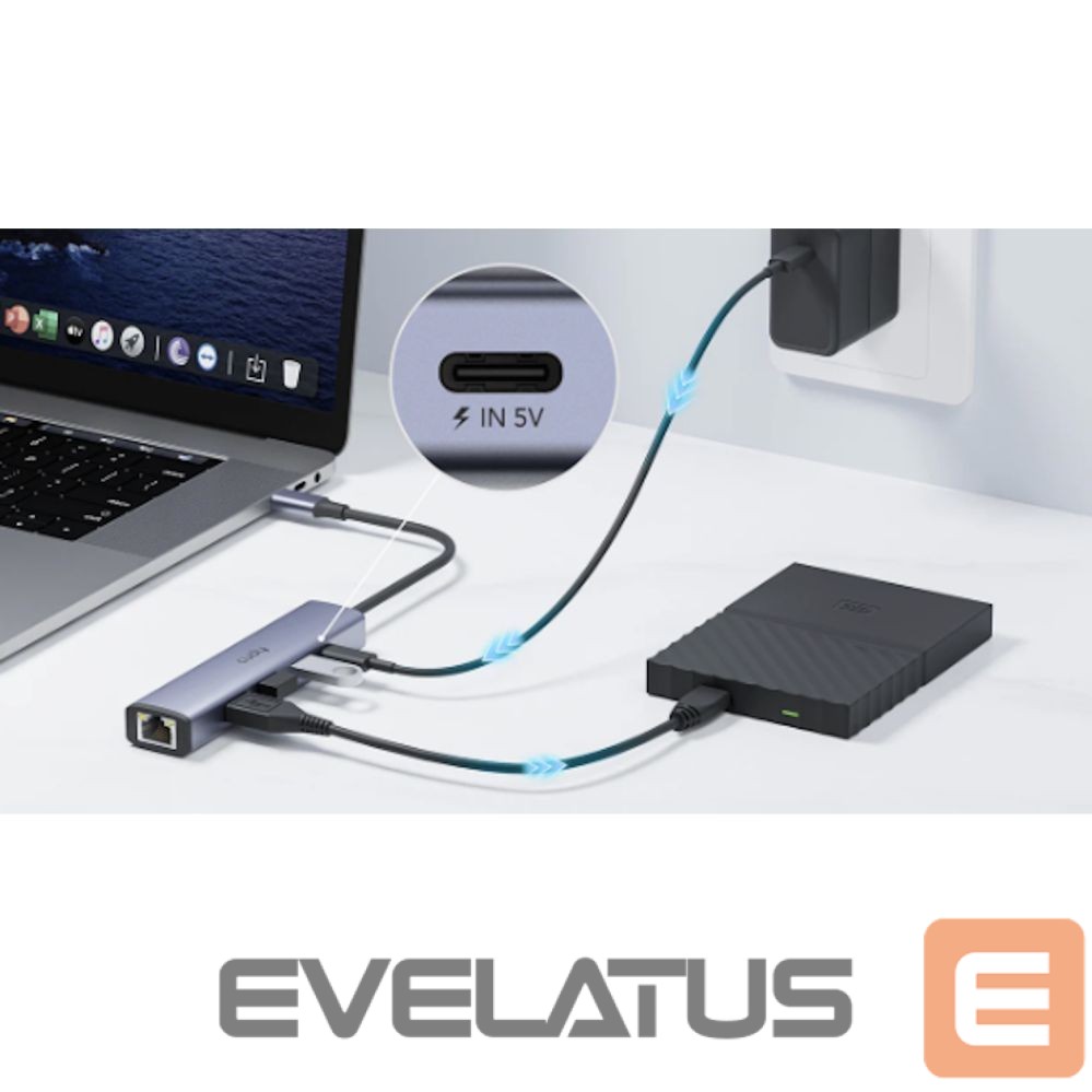 Ruuterid Cudy UH605 USB-C 5-in-1 Hub Gigabit LAN 3x USB-A 3.0 Power Input Aluminum Grey