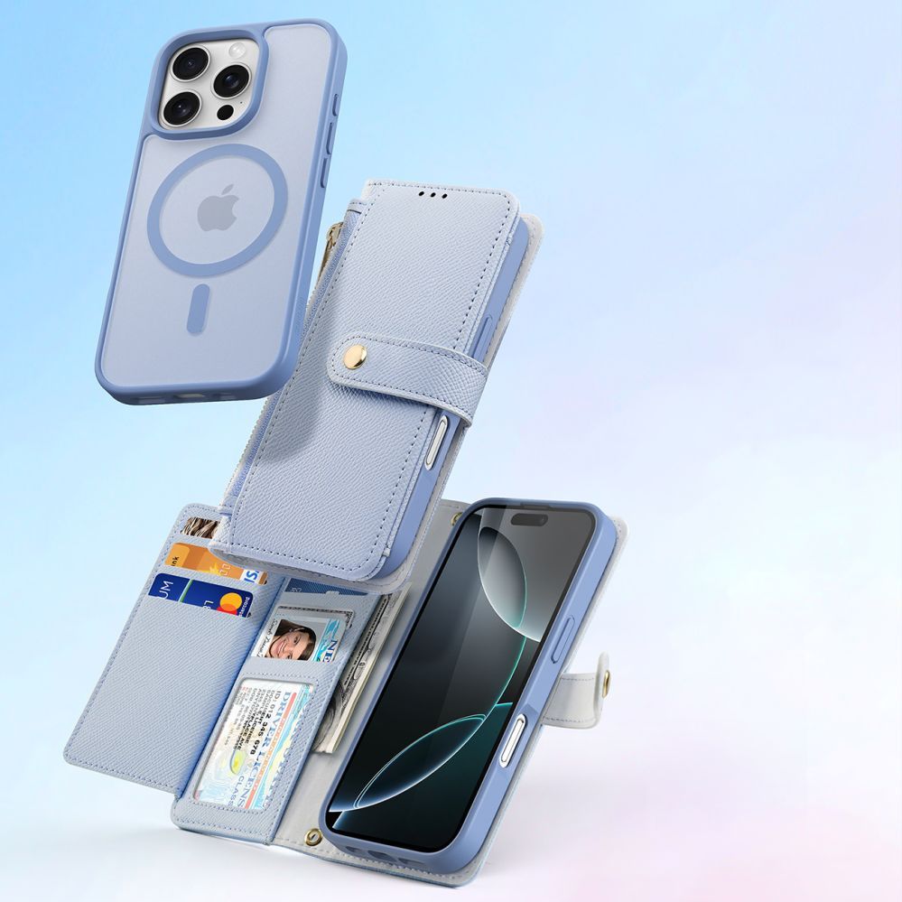 Tagakaaned Dux Ducis Dux Ducis Lawa iPhone 16 Pro Leather Case with Detachable Magnetic Wallet - Blue