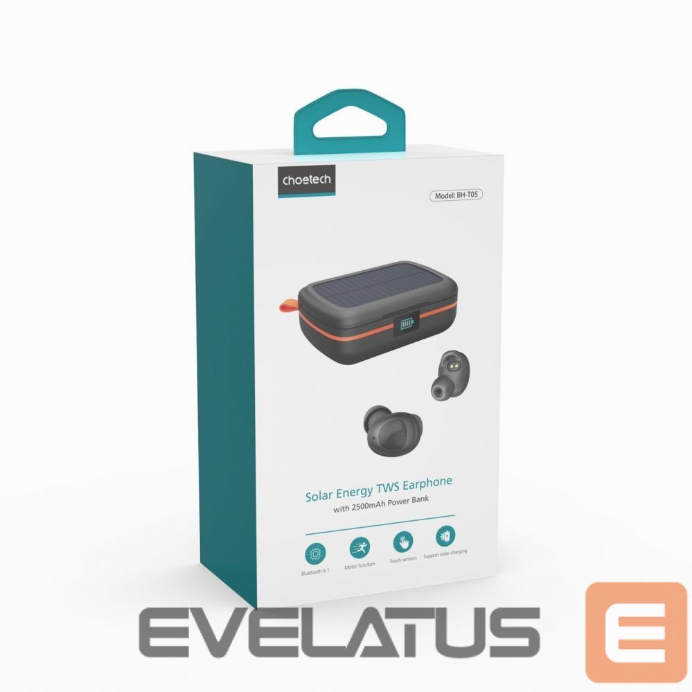 juhtmega kõlarid Choetech Choetech TWS wireless headphones waterproof with solar panel and built-in 2500mAh powerbank black (BH-T05)