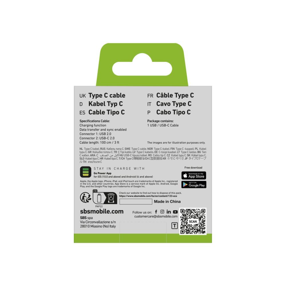 Kabelis SBS SBS TECABLETYC1KPOS USB-A - USB-C Cable 1m - Black