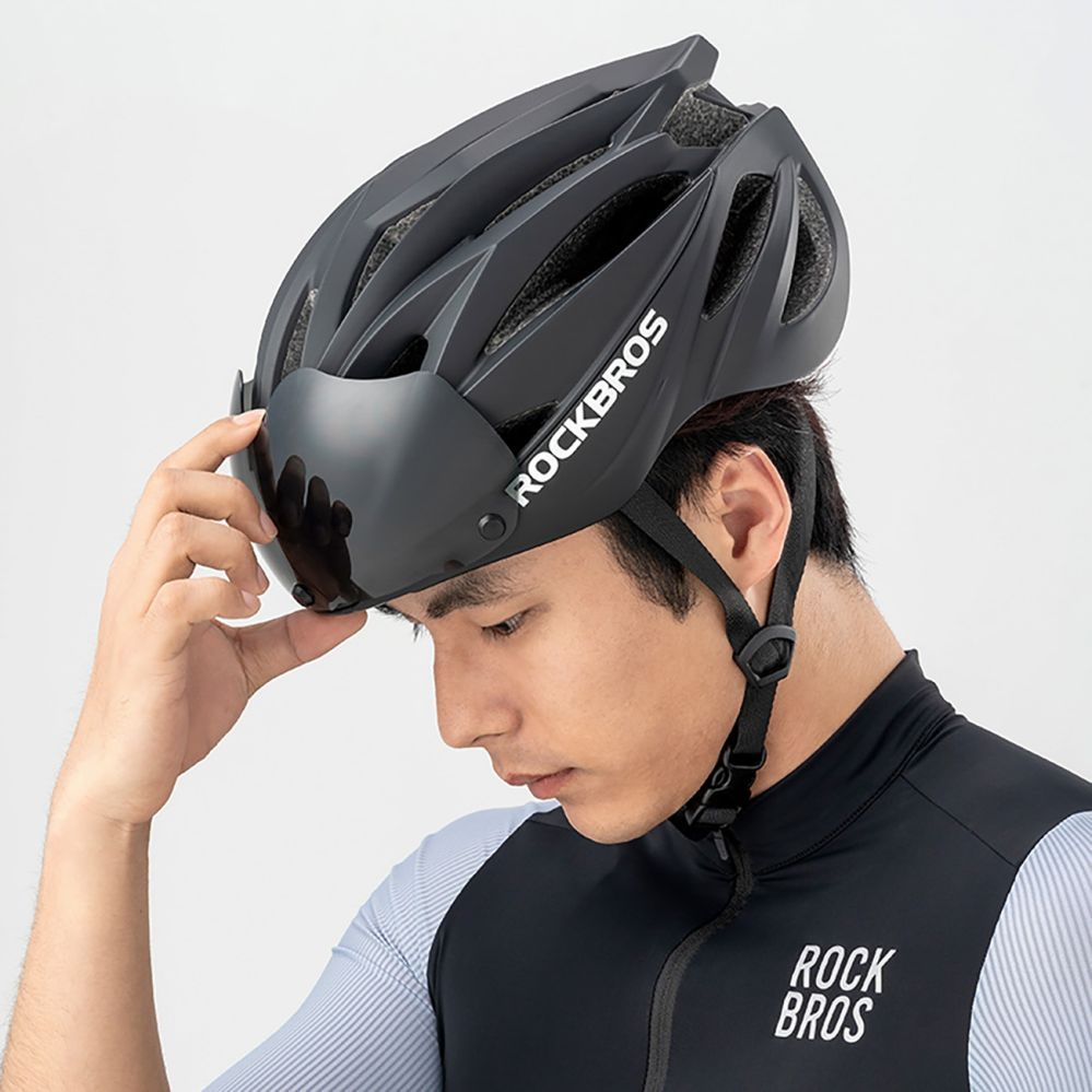 Bicycle accessory Rockbros Rockbros Bike Helmet with Visor, Detachable UV Protective Goggles, Unisex - Black/Brown