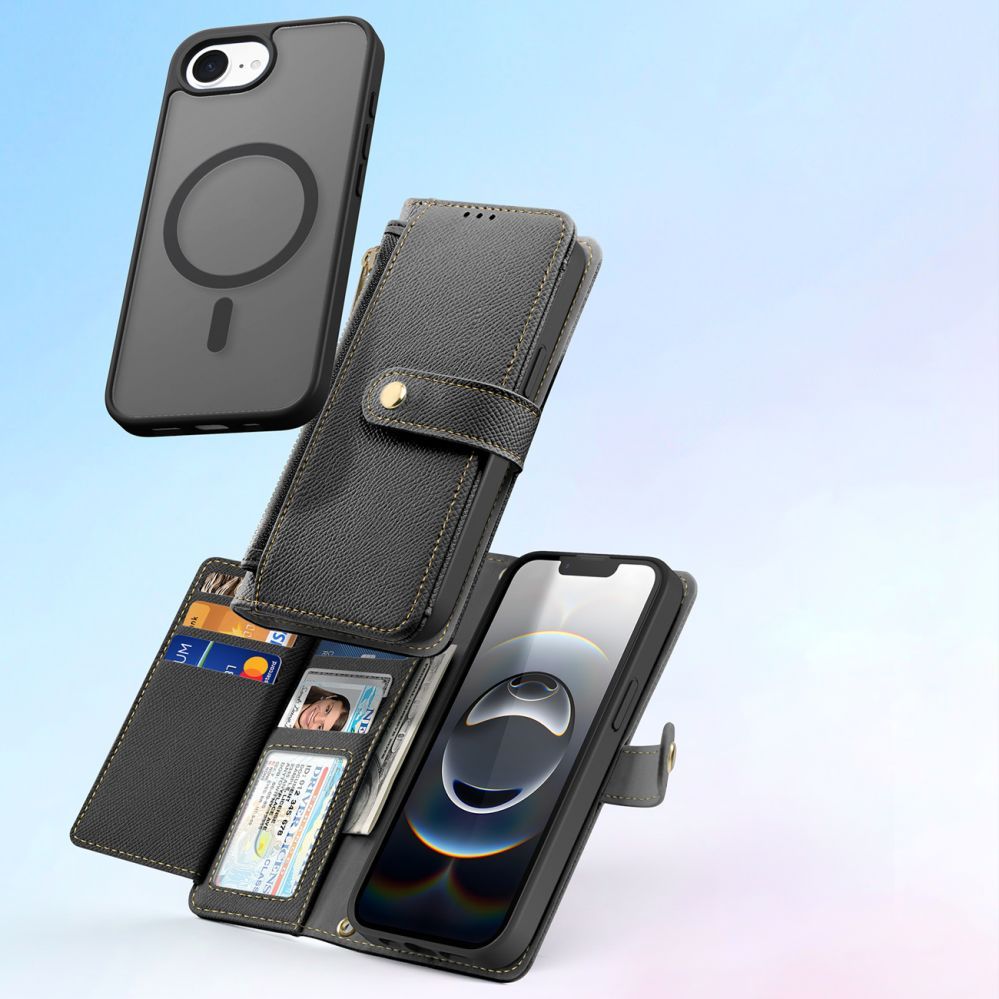 Tagakaaned Dux Ducis Dux Ducis Lawa iPhone 16e Leather Case with Detachable Magnetic Wallet - Black