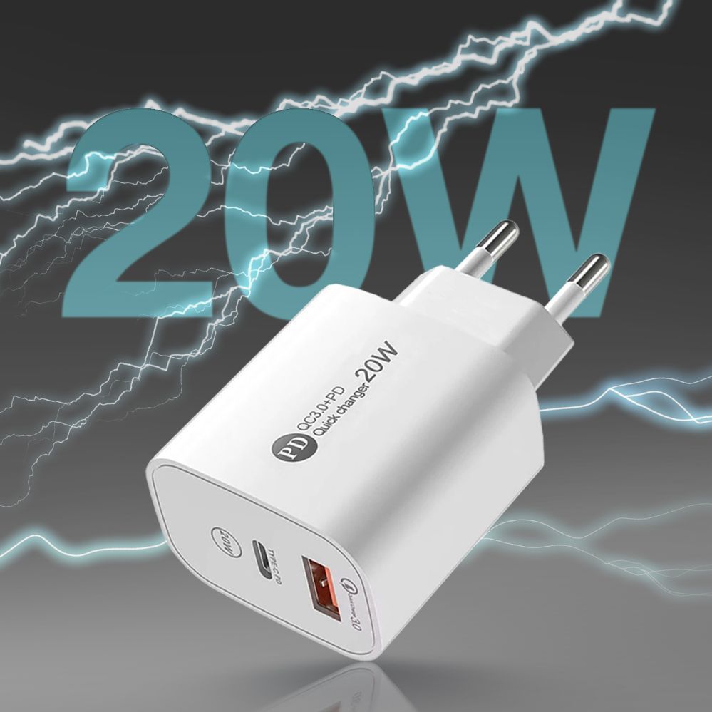 Adaptrid Hurtel A6MaxL 20W USB-A USB-C Wall Charger with 1m USB-C - Lightning Cable - White