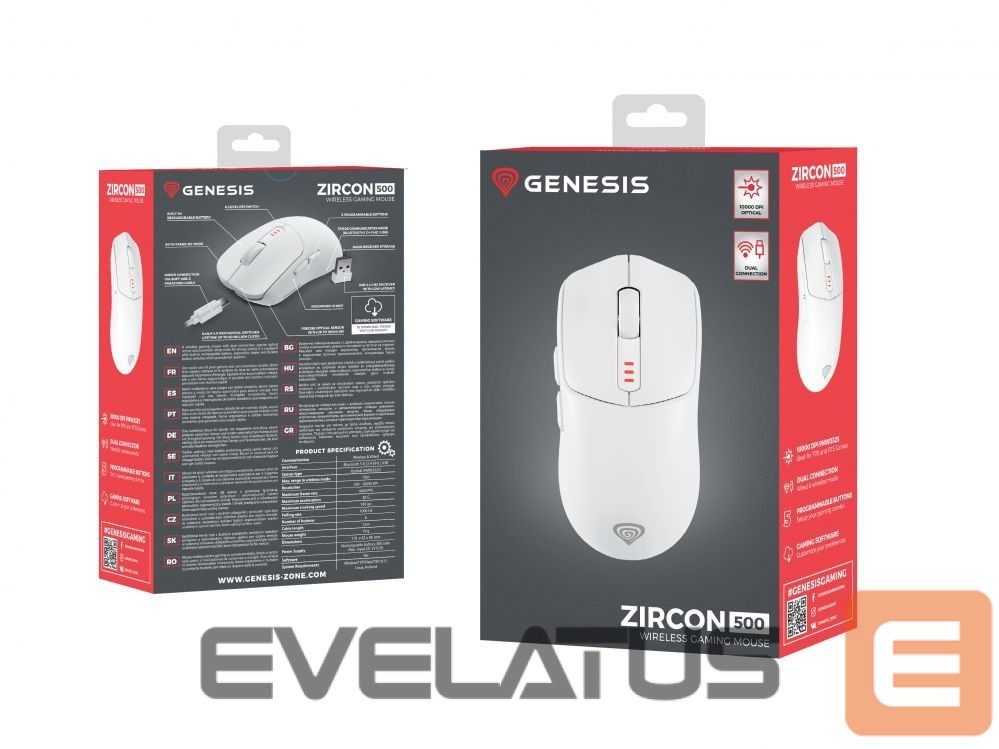 Computer mouse Genesis Zircon 500 | Wireless/Wired | Gaming Mouse | 2.4 GHz, Bluetooth, USB | White