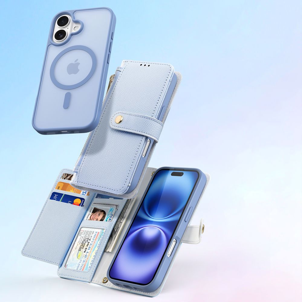 Tagakaaned Dux Ducis Dux Ducis Lawa iPhone 16 Leather Case with Detachable Magnetic Wallet - Blue