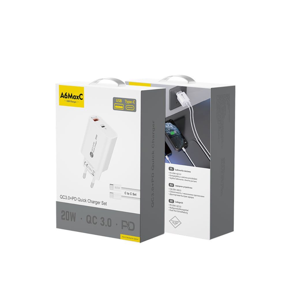 Adaptrid Hurtel A6MaxL 20W USB-A USB-C wall charger with USB-C - USB-C 1m cable - white