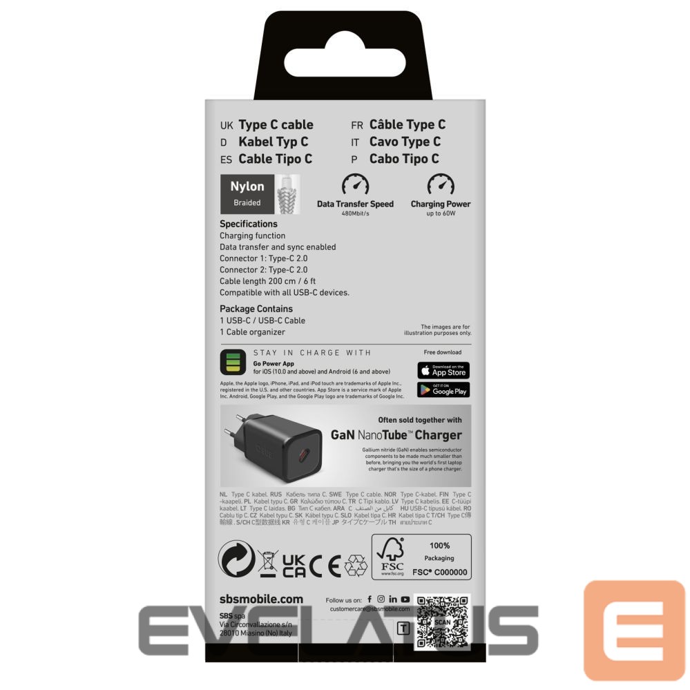 Cable SBS SBS TECABLETISSUETCC2G Cable 2 x USB-C 2m 60W with Power Delivery - Gray