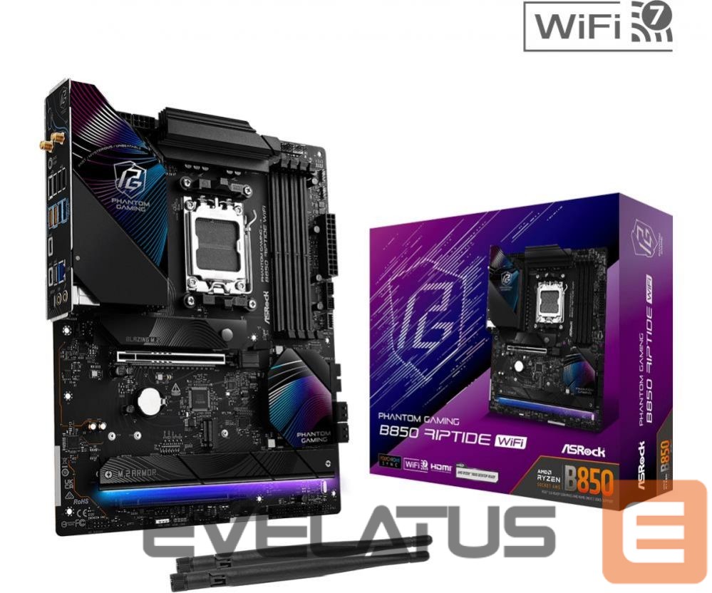 AMD protsessori emaplaat Asrock Mainboard||AMD B850|SAM5|ATX|Memory DDR5|Memory slots 4|1xPCI-Express 4.0 16x|1xPCI-Express 5.0 16x|1xM.2|1xHDMI|1xAudio-In|1xAudio-Out|8xUSB 2.0|9xUSB 3.2|3xUSB-C|1xOptical S/PDIF|1xRJ45|B850RIPTIDEWIFI