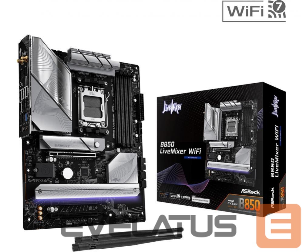 AMD protsessori emaplaat Asrock Mainboard||AMD B850|SAM5|ATX|Memory DDR5|Memory slots 4|2xPCI-Express 4.0 16x|1xPCI-Express 5.0 16x|1xM.2|1xHDMI|1xDisplayPort|1xAudio-In|1xAudio-Out|2xUSB 2.0|1xUSB-C|1xOptical S/PDIF|1xRJ45|B850LIVEMIXERWIFI