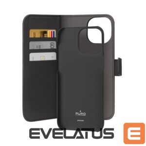Nugarėlės dėklai Puro  Puro Wallet Detachable MagSafe 2in1 PU Leather Case with Flap and Wallet for iPhone 15 Pro Max - Black 