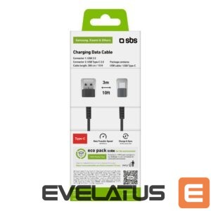 Kabelis SBS  SBS TECABLETC3MTK USB-A - USB-C Cable 3m - Black 