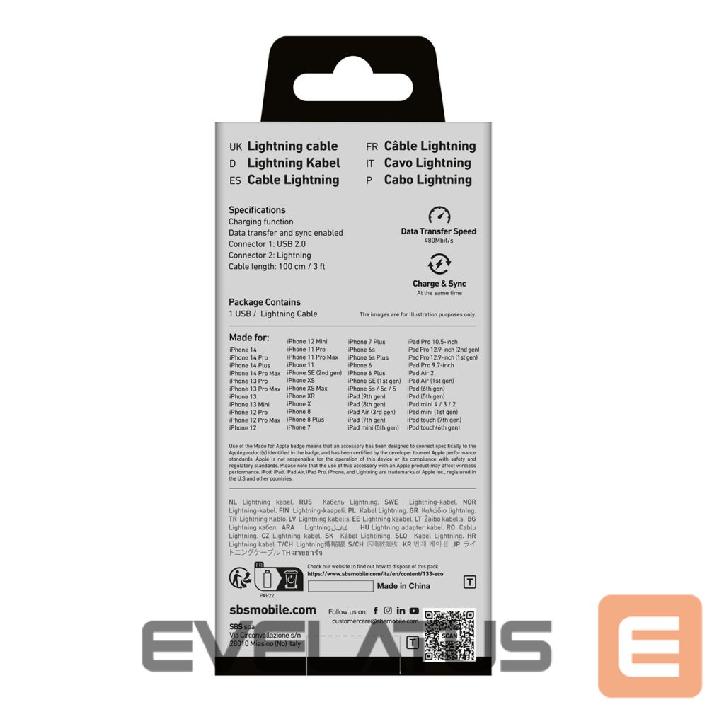 Kabelis SBS SBS TECABLEUSBIP589K USB-A - Lightning Cable 1m MFi Certified - Black