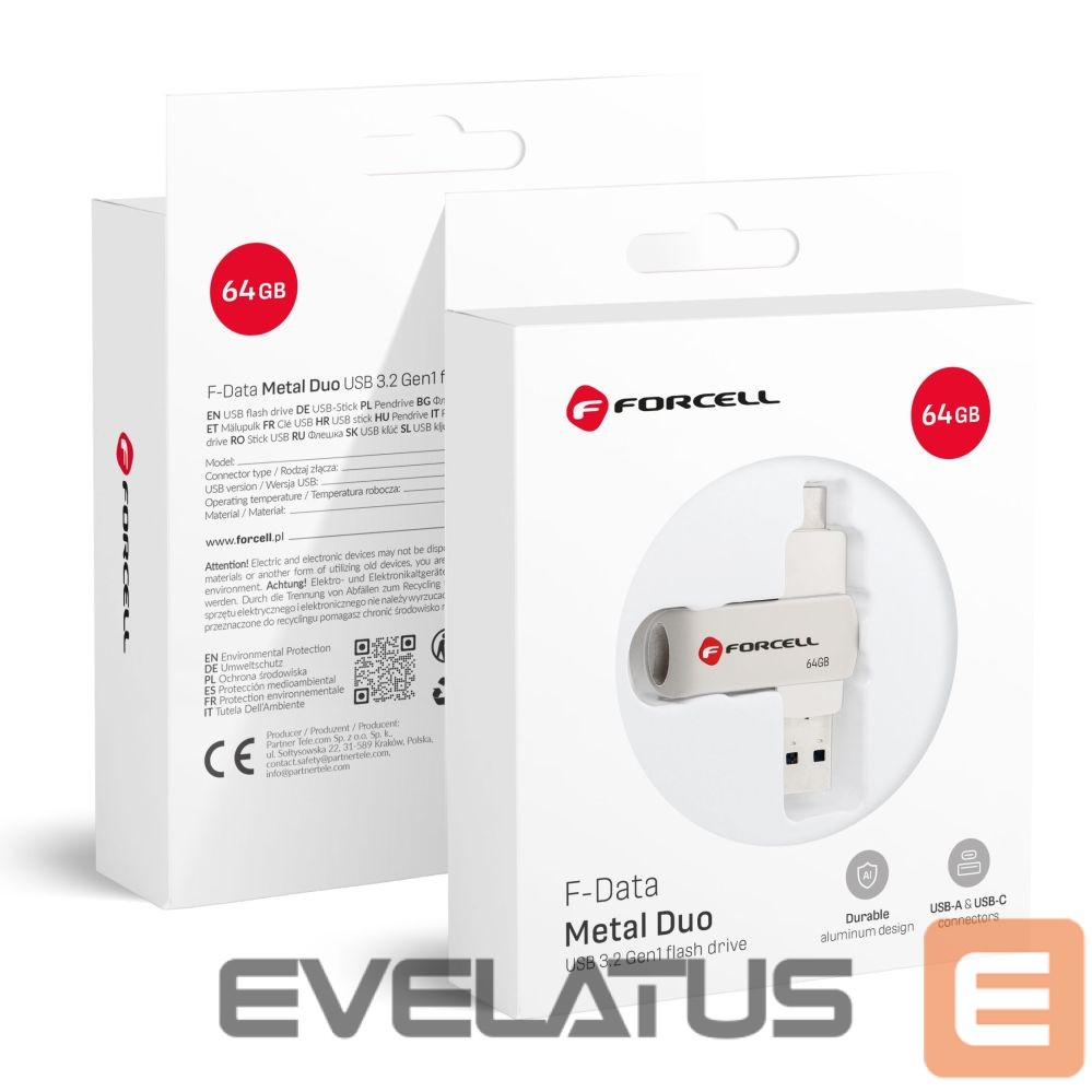 Mälukaardid Forcell Pendrive 64GB USB 3.2 Gen 1 (USB A / USB C) Forcell F-Data Metal Duo silver