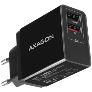 Adapter Axagon  Dual wallcharger <240V / 2x USB port QC3.0/AFC/FCP + 5V-1.2A. 24W total power. 