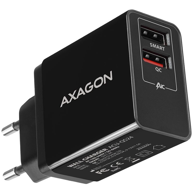 Adapter Axagon Dual wallcharger <240V / 2x USB port QC3.0/AFC/FCP + 5V-1.2A. 24W total power.