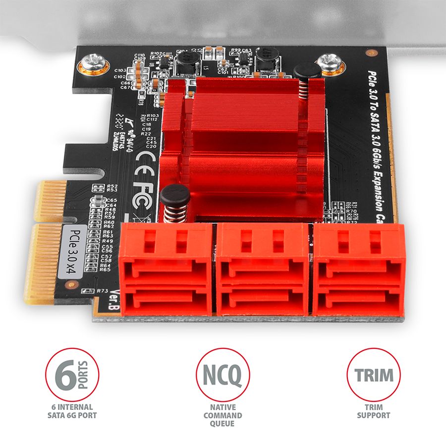 Adaptrid Axagon Six-channel SATA III PCI-Express controller with six internal SATA ports. Standard & Low profile.