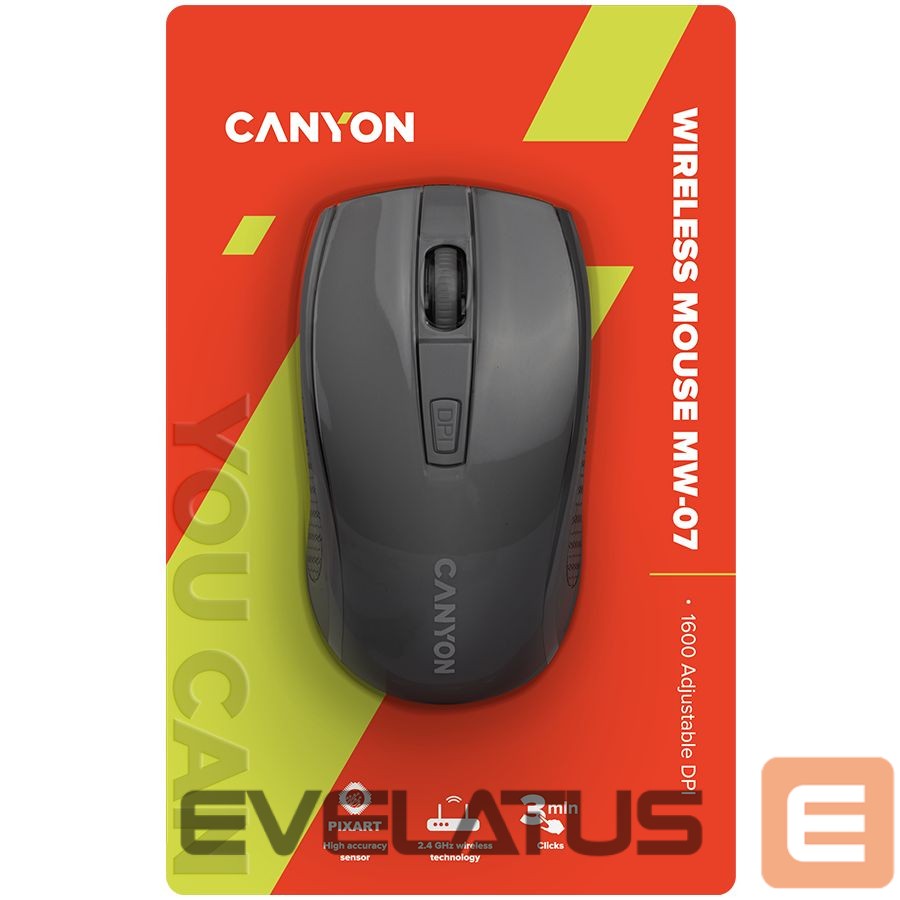Computer mouse Canyon CANYON MW-7, 2.4Ghz wireless mouse, 6 buttons, DPI 800/1200/1600, with 1 AA battery ,size 110*60*37mm,58g,black
