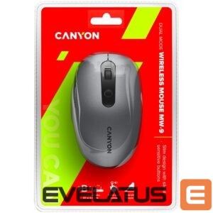 Computer mouse Canyon  CANYON MW-9, 2 in 1 Wireless optical mouse with 6 buttons, DPI 800/1000/1200/1500, 2 mode(BT/ 2.4GHz), Battery AA*1pcs, Grey, 65.4*112.25*32.3mm, 0.092kg 