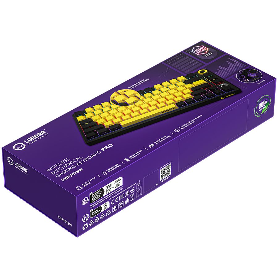 Computer keyboard LORGAR LORGAR KBP7075W, Wireless 75% Mechanical Gaming Keyboard Pro, Black/yellow, EN layout