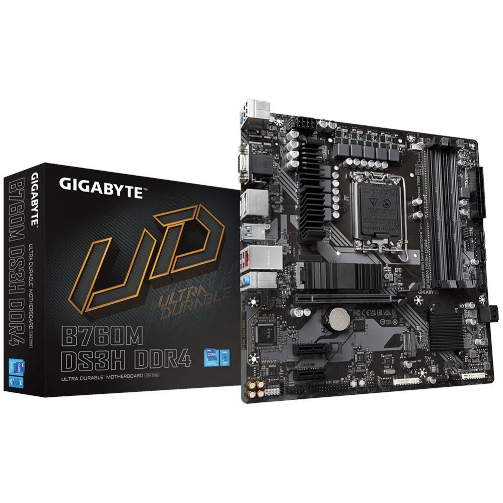 Intel protsessori emaplaat Gigabyte Mainboard||Intel B760 Express|LGA1700|Micro-ATX|Memory DDR4|Memory slots 4|2xPCI-Express 3.0 1x|1xPCI-Express 4.0 16x|2xM.2|1x15pin D-sub|1xHDMI|2xDisplayPort|2xUSB 2.0|3xUSB 3.2|1xUSB-C|1xPS/2|1xRJ45|3xAudio port|B760MDS3HDDR4