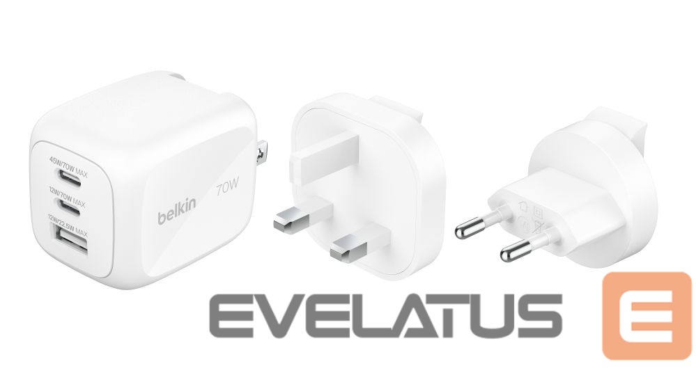 Adaptrid Belkin BOOSTCHARGE 70w 2C1A Wall Charger with interchangable plug tips UK, EU, US White