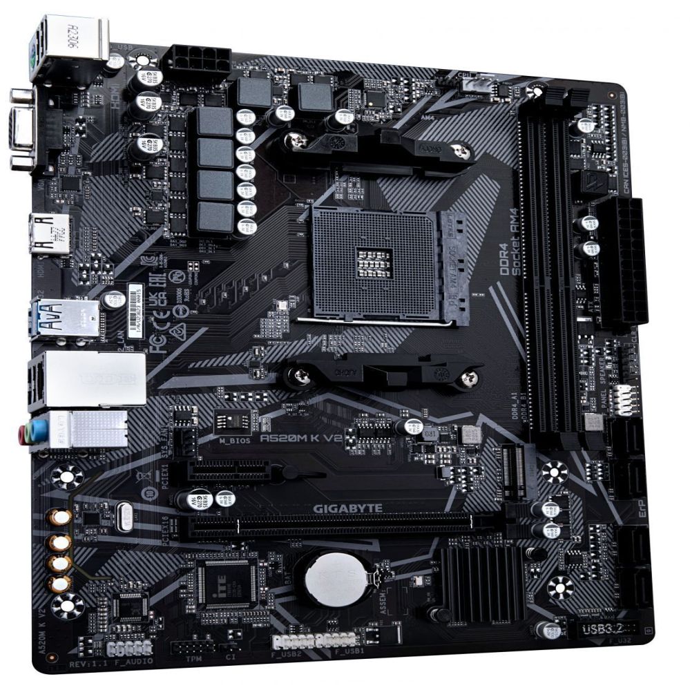 Intel protsessori emaplaat Gigabyte A520M K V2 1.0 M/B Processor family AMD, Processor socket AM4, DDR4 DIMM, Memory slots 2, Supported hard disk drive interfaces SATA, M.2, Number of SATA connectors 4, Chipset AMD A520, Micro ATX