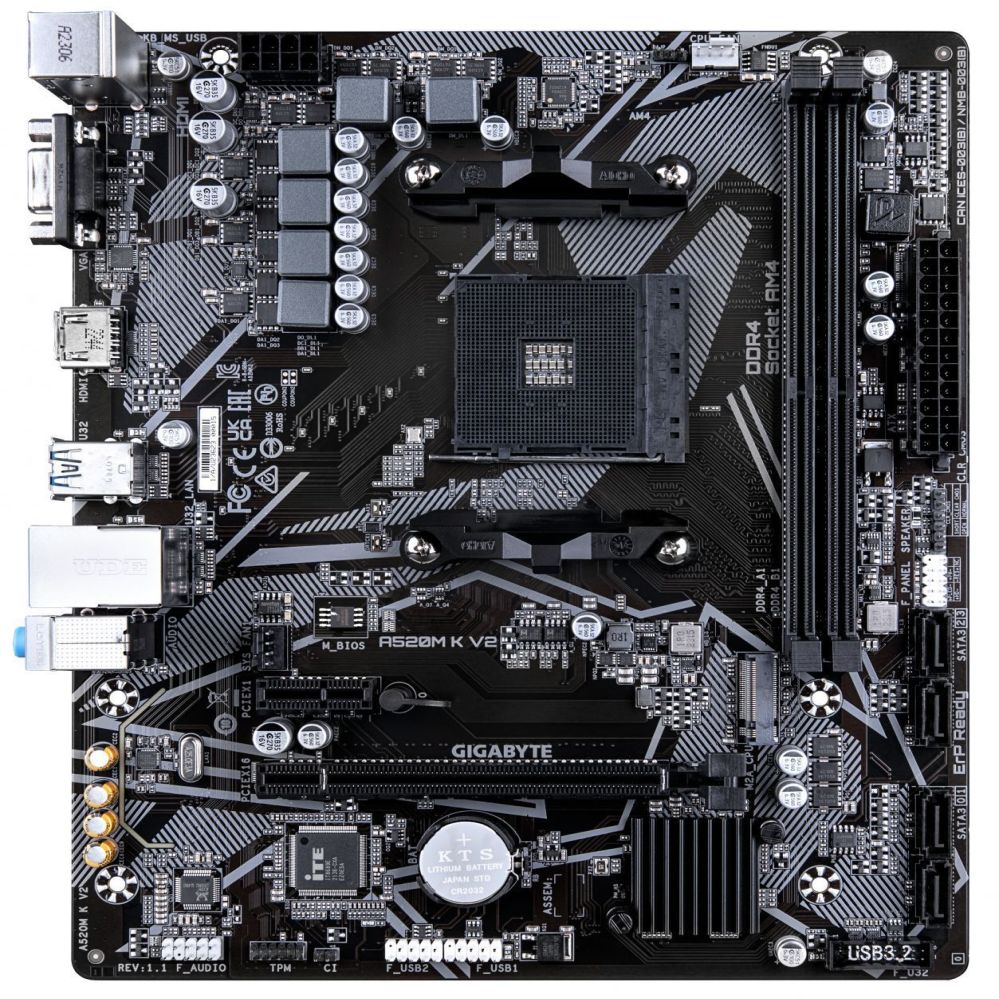 Intel protsessori emaplaat Gigabyte A520M K V2 1.0 M/B Processor family AMD, Processor socket AM4, DDR4 DIMM, Memory slots 2, Supported hard disk drive interfaces SATA, M.2, Number of SATA connectors 4, Chipset AMD A520, Micro ATX